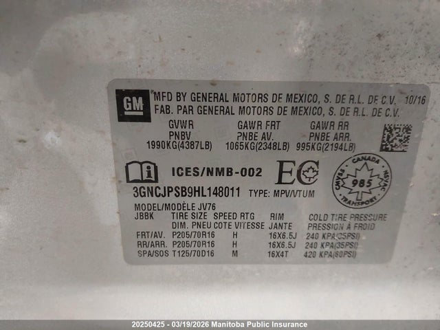 3GNCJPSB9HL148011 Chevrolet Trax Lt