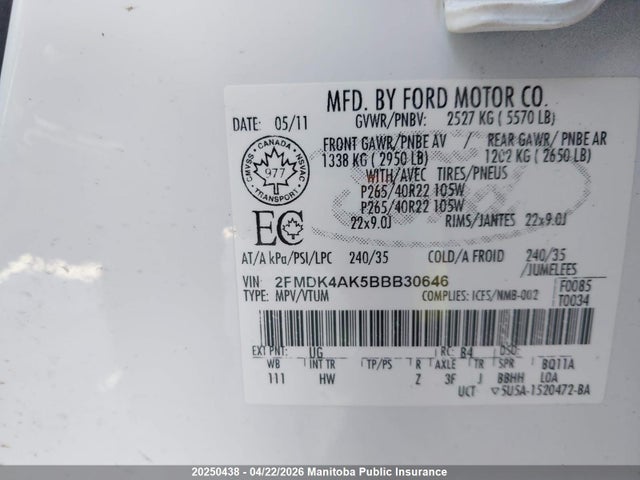 2011 Ford Edge Sport მანქანა იყიდება აუქციონზე, vin: 2FMDK4AK5BBB30646, აუქციონის ნომერი: 20250438