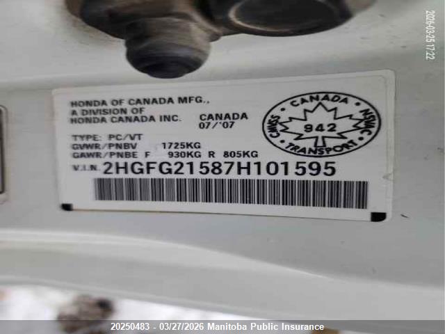 2007 Honda Civic Si მანქანა იყიდება აუქციონზე, vin: 2HGFG21587H101595, აუქციონის ნომერი: 20250483