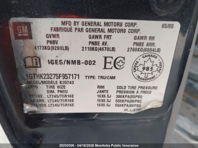 Aukcja sprzedaży 2005 Gmc Sierra 2500 Hd Crew Cab, vin: 1GTHK23275F957171, numer aukcji: 20250508