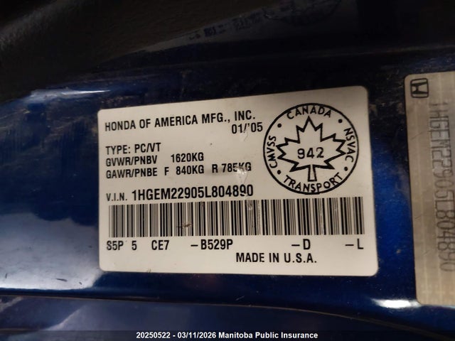 Aukcja sprzedaży 2005 Honda Civic Si-g, vin: 1HGEM22905L804890, numer aukcji: 20250522