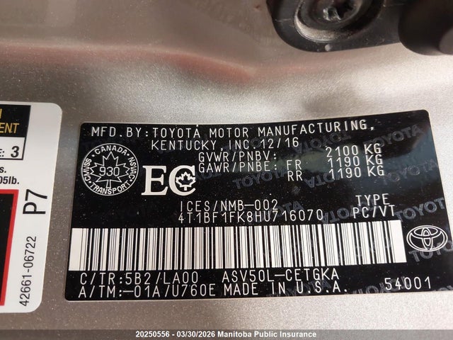 4T1BF1FK8HU716070 Toyota CAMRY XLE