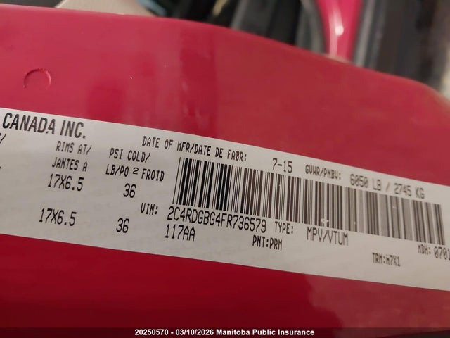 20250570 :رقم المزاد ، 2C4RDGBG4FR736579 vin ، 2015 Dodge Grand Caravan Se مزاد بيع