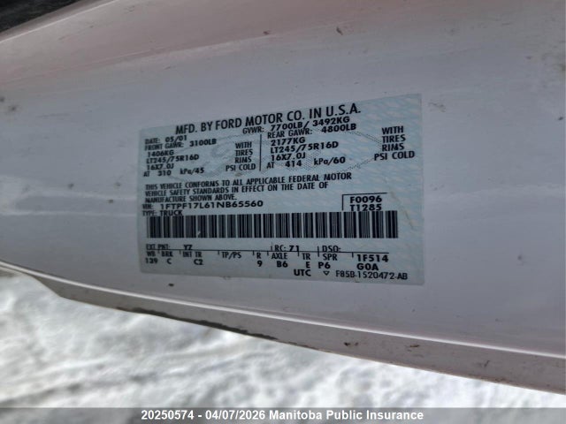 Aukcja sprzedaży 2001 Ford F150 Pickup, vin: 1FTPF17L61NB65560, numer aukcji: 20250574
