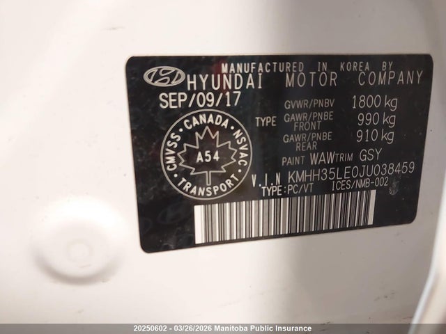 KMHH35LE0JU038459 Hyundai Elantra Gt Gls