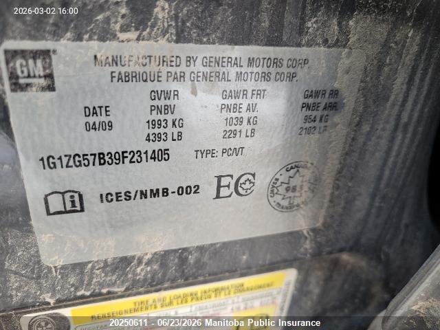 Aukcja sprzedaży 2009 Chevrolet Malibu Ls, vin: 1G1ZG57B39F231405, numer aukcji: 20250611
