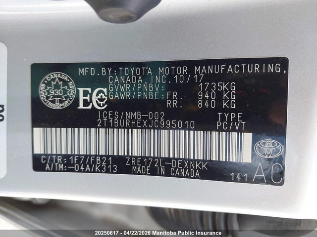 20250617 :رقم المزاد ، 2T1BURHEXJC995010 vin ، 2018 Toyota Corolla Le مزاد بيع
