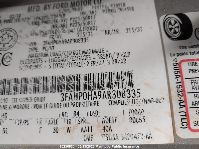 2010 Ford Fusion Se მანქანა იყიდება აუქციონზე, vin: 3FAHP0HA9AR308335, აუქციონის ნომერი: 20250620
