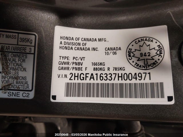 Aukcja sprzedaży 2007 Honda Civic Dx-g, vin: 2HGFA16337H004971, numer aukcji: 20250648