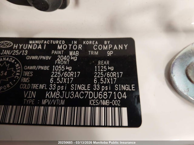 2013 Hyundai Tucson Gl მანქანა იყიდება აუქციონზე, vin: KM8JU3AC7DU687104, აუქციონის ნომერი: 20250685