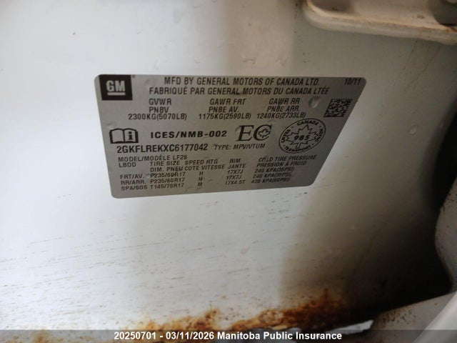 Aukcja sprzedaży 2012 Gmc Terrain Sle, vin: 2GKFLREKXC6177042, numer aukcji: 20250701