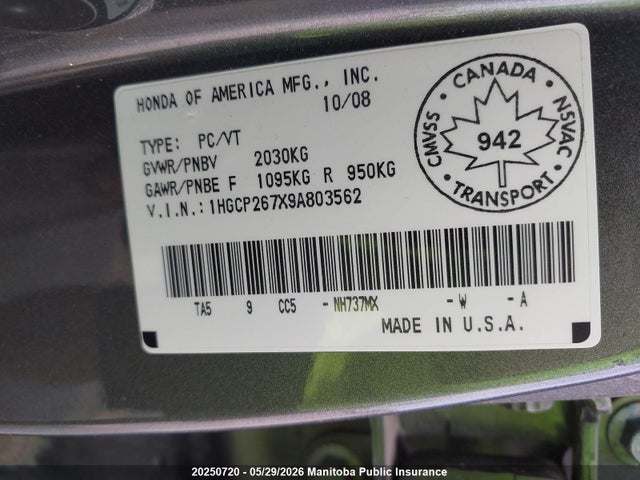 20250720 :رقم المزاد ، 1HGCP267X9A803562 vin ، 2009 Honda Accord Ex مزاد بيع