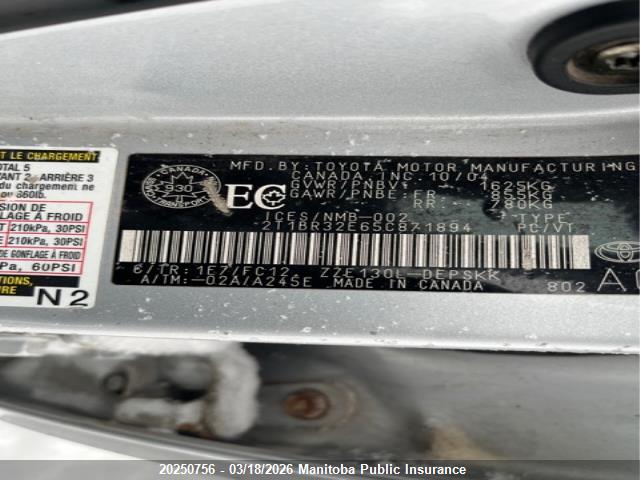 20250756 :رقم المزاد ، 2T1BR32E65C871894 vin ، 2005 Toyota Corolla S مزاد بيع