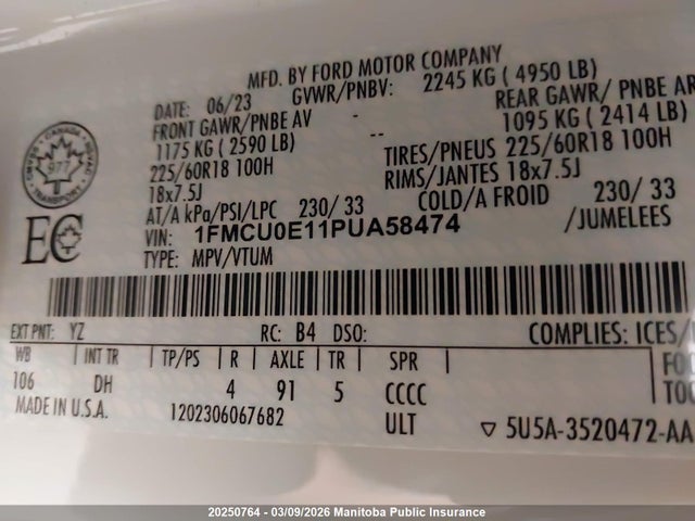 1FMCU0E11PUA58474 Ford Escape Phev