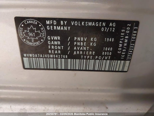 Aukcja sprzedaży 2013 Volkswagen Golf 2.5, vin: WVWDA7AJ4DW042768, numer aukcji: 20250781