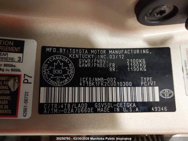 Aukcja sprzedaży 2012 Toyota Camry Xle V6, vin: 4T1BK1FK2CU010300, numer aukcji: 20250793