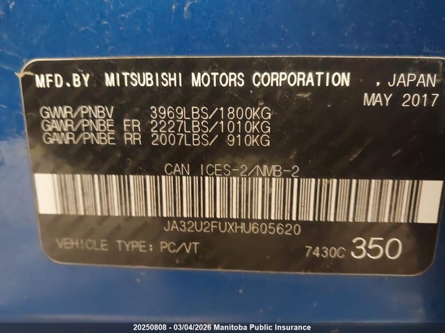 JA32U2FUXHU605620 Mitsubishi Lancer Se