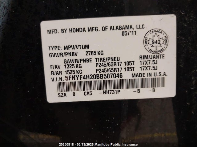 Aukcja sprzedaży 2011 Honda Pilot Lx, vin: 5FNYF4H20BB507046, numer aukcji: 20250818