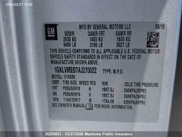 20250823 :رقم المزاد ، 1GKLVMED7AJ270022 vin ، 2010 Gmc Acadia Slt مزاد بيع