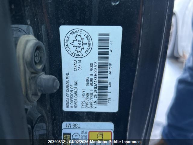 20250832 :رقم المزاد ، 2HGFG3A4XEH003503 vin ، 2014 Honda Civic Lx مزاد بيع