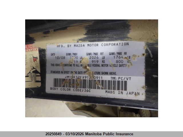 20250849 :رقم المزاد ، JM1BK32FX91250911 vin ، 2009 Mazda 3 Mazda Gs مزاد بيع