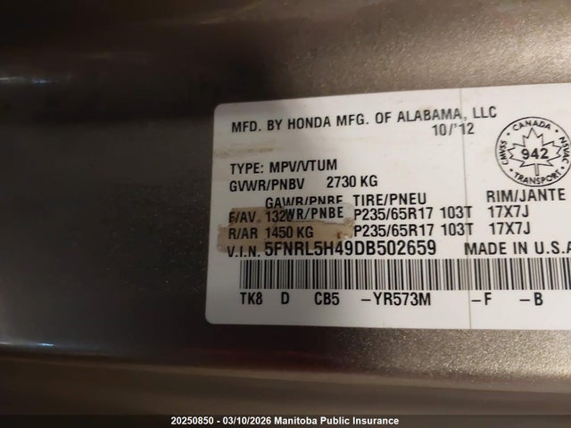 Aukcja sprzedaży 2013 Honda Odyssey Ex, vin: 5FNRL5H49DB502659, numer aukcji: 20250850