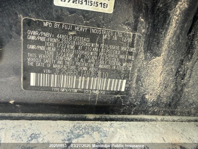 20250853 :رقم المزاد ، JF2SH6BC1AH762110 vin ، 2010 Subaru Forester 2.5 X مزاد بيع