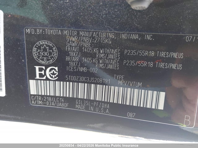 20250854 :رقم المزاد ، 5TDDZ3DC3JS208191 vin ، 2018 Toyota Sienna Xle V6 مزاد بيع