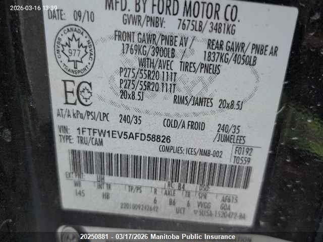 2010 Ford F150 Fx4 Supercrew მანქანა იყიდება აუქციონზე, vin: 1FTFW1EV5AFD58826, აუქციონის ნომერი: 20250881