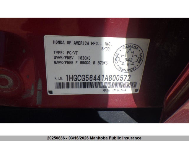 Продаж на аукціоні авто 2001 Honda Accord Lx, vin: 1HGCG56441A800572, номер лоту: 20250886