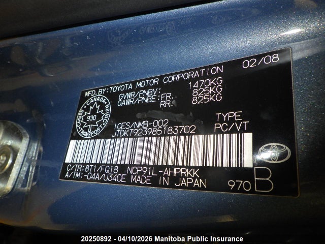 Aukcja sprzedaży 2008 Toyota Yaris Le, vin: JTDKT923985183702, numer aukcji: 20250892