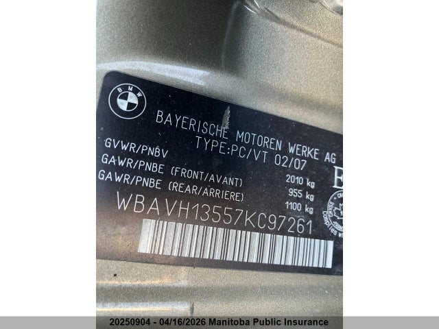 20250904 :رقم المزاد ، WBAVH13557KC97261 vin ، 2007 Bmw 323i مزاد بيع