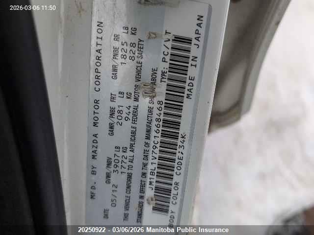 20250922 :رقم المزاد ، JM1BL1V79C1668468 vin ، 2012 Mazda Mazda3 Gs Sky مزاد بيع