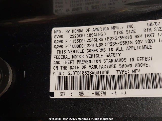 Aukcja sprzedaży 2008 Acura Rdx, vin: 5J8TB18528A001008, numer aukcji: 20250928