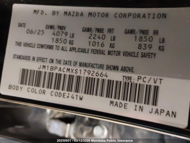JM1BPACMXS1792664 Mazda Mazda3 Gs
