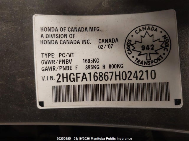 Продаж на аукціоні авто 2007 Honda Civic Ex, vin: 2HGFA16867H024210, номер лоту: 20250955