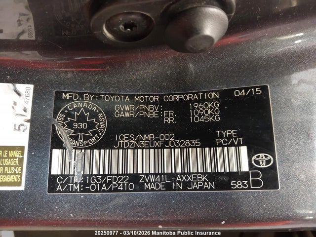 JTDZN3EUXFJ032835 Toyota PRIUS V