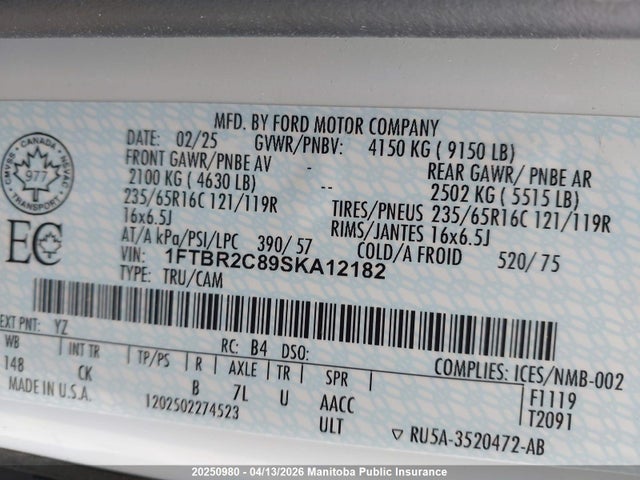 1FTBR2C89SKA12182 Ford Transit 250 Wb 148 Cargo Van