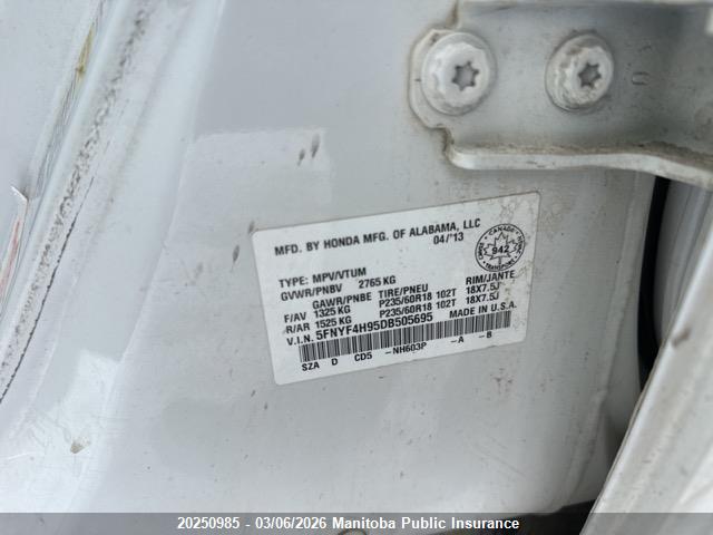 Продаж на аукціоні авто 2013 Honda Pilot Touring, vin: 5FNYF4H95DB505695, номер лоту: 20250985