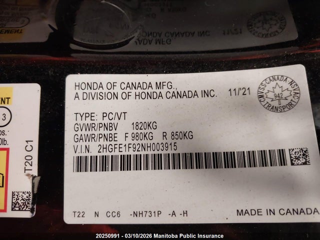 2HGFE1F92NH003915 Honda Civic Touring