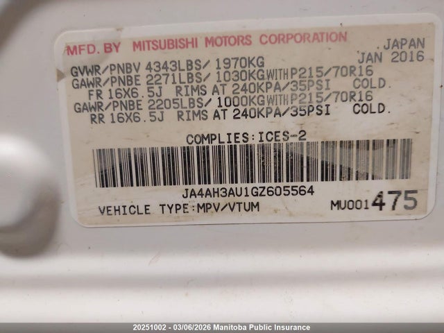 JA4AH3AU1GZ605564 Mitsubishi RVR ES