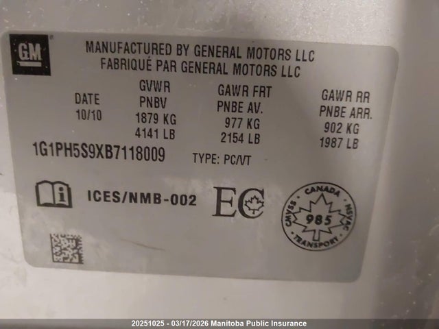 Aukcja sprzedaży 2011 Chevrolet Cruze Ltz Turbo, vin: 1G1PH5S9XB7118009, numer aukcji: 20251025