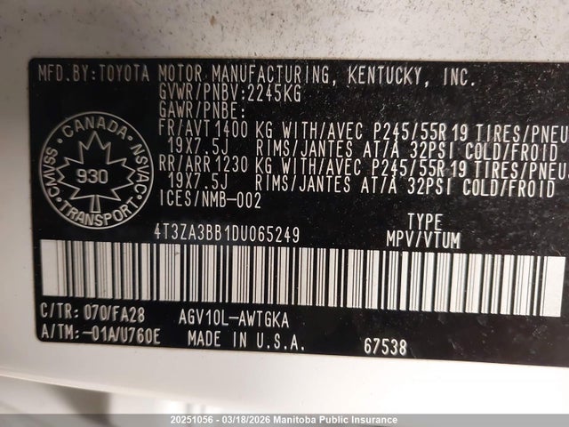 20251056 :رقم المزاد ، 4T3ZA3BB1DU065249 vin ، 2013 Toyota Venza مزاد بيع