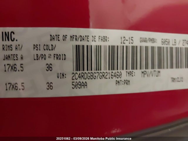 20251062 :رقم المزاد ، 2C4RDGBG7GR216460 vin ، 2016 Dodge Grand Caravan Sxt مزاد بيع