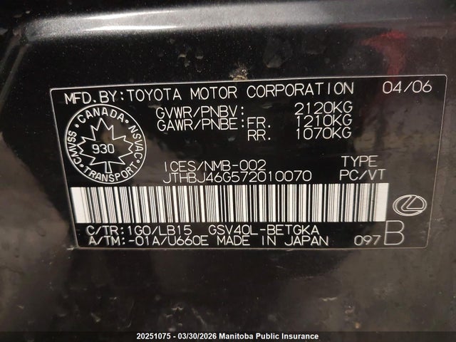 20251075 :رقم المزاد ، JTHBJ46G572010070 vin ، 2007 Lexus Es 350 350 مزاد بيع