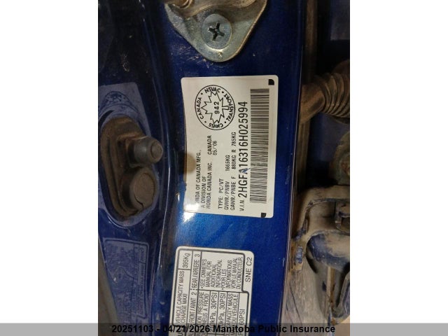 Aukcja sprzedaży 2006 Honda Civic Dx-g, vin: 2HGFA16316H025994, numer aukcji: 20251103