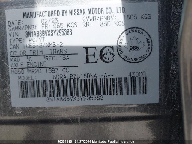 3N1AB8BVXSY295383 Nissan Sentra 2.0 S
