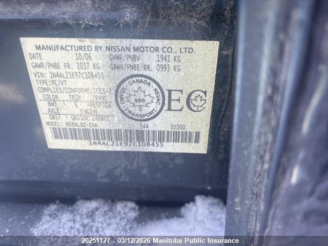 Auction sale of the 2007 Nissan Altima 2.5 S, vin: 1N4AL21E97C108455, lot number: 20251127