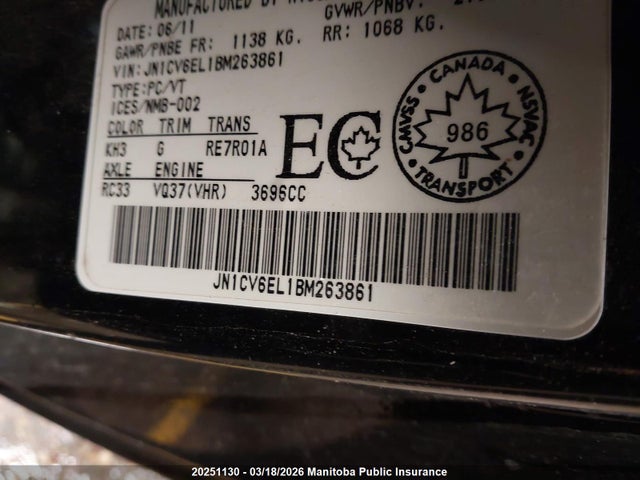 Продажа на аукционе авто 2011 Infiniti G37x, vin: JN1CV6EL1BM263861, номер лота: 20251130