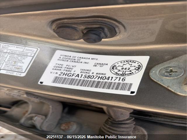 20251137 :رقم المزاد ، 2HGFA15807H041716 vin ، 2007 Honda Civic Ex مزاد بيع